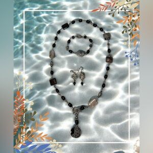 Elegant Black Stone with assorted Gem stones and Silver three piece Jewelry Set
